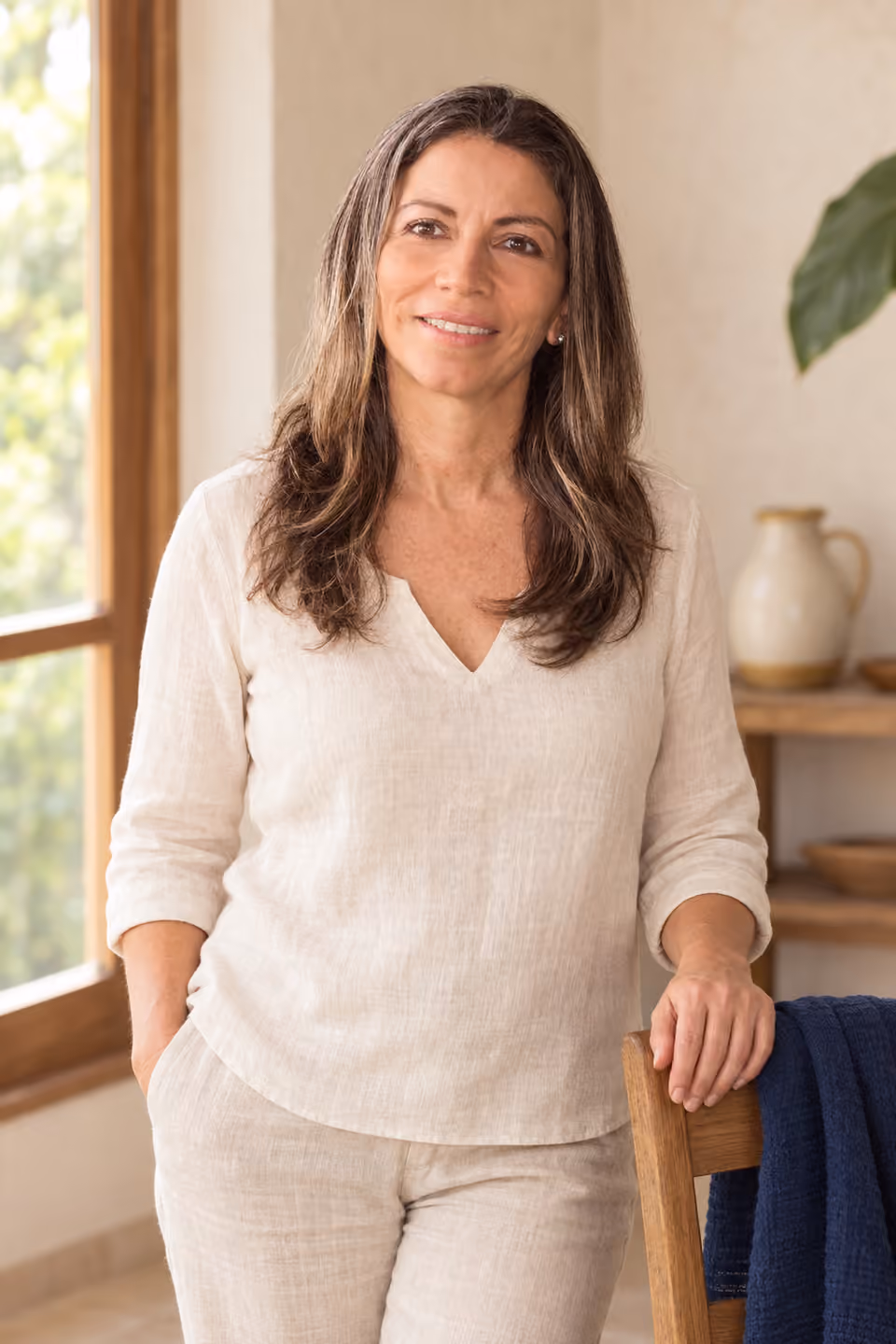 Fanny Barquero beside a window, portrait from her BLIRM Method website
